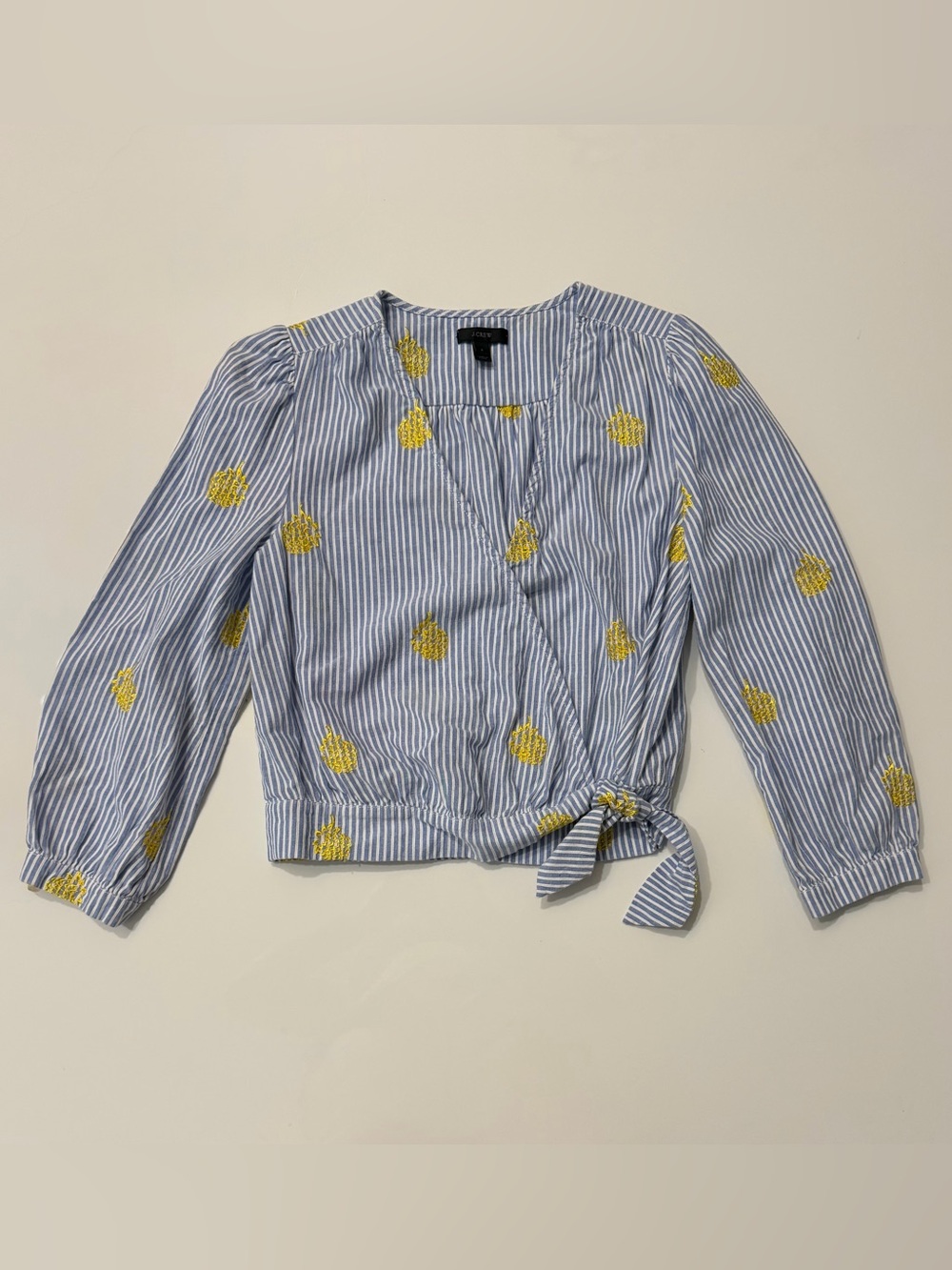 J.Crew Embroidered Pineapple Striped Cotton Wrap Top Blue Yellow Small EUC